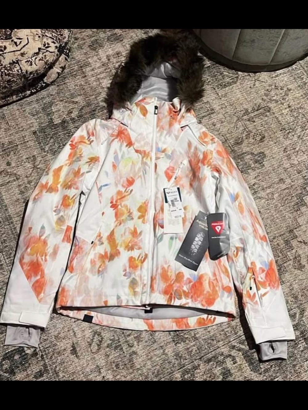 Roxy Floral Insulated Ski Jacket with Faux Fur Hood